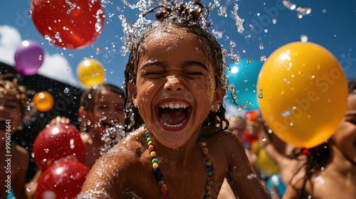 A delighted child adorned with a colorful necklace enjoys a splash of water in a vibrant party atmosphere, engaging in pure joy and uninhibited enthusiasm.