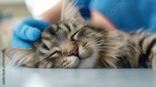 In a welcoming clinic examination room, compassionate veterinarians tend to a content and relaxed cat, ensuring its well-being and comfort during a thorough check-up.