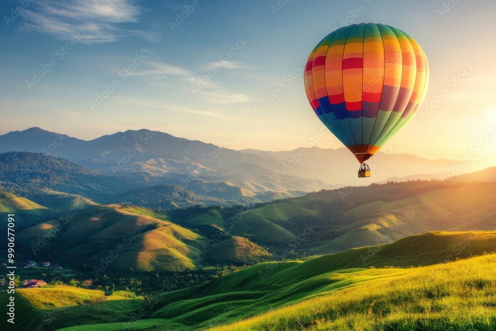 Naklejka premium Vibrant hot air balloon floating over rolling green field