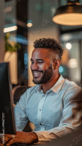 A man with a beard and a smile is sitting in front of a computer