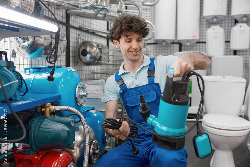 Fototapeta premium Plumber choosing water pump for heating systems at plumbing store