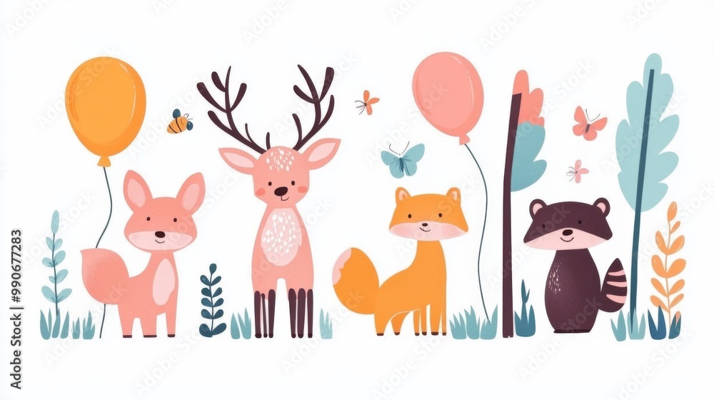 Fototapeta premium Colorful forest animals gather with cheerful balloons to celebrate a birthday girl, creating a joyful atmosphere perfect for nursery decor or a baby shower invitation.