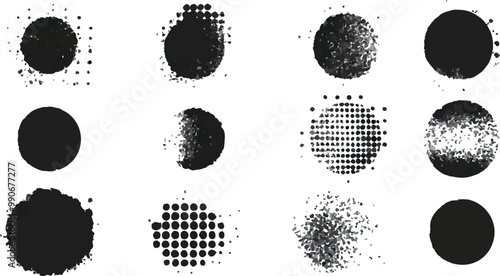 
Abstract grunge halftone dots vector shape set, texture, and grainy dots effect. Shabby vintage pointillism background