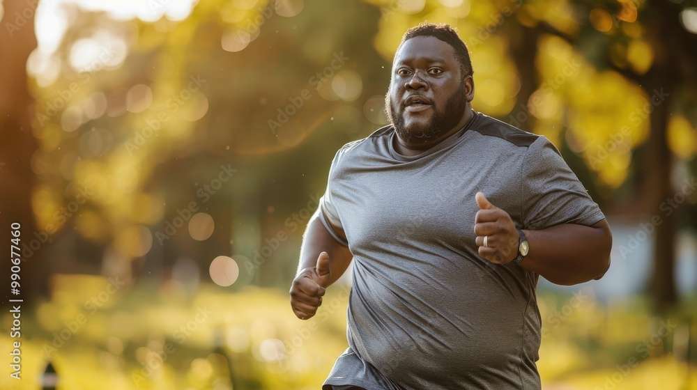 A man running in a park with a watch on his wrist