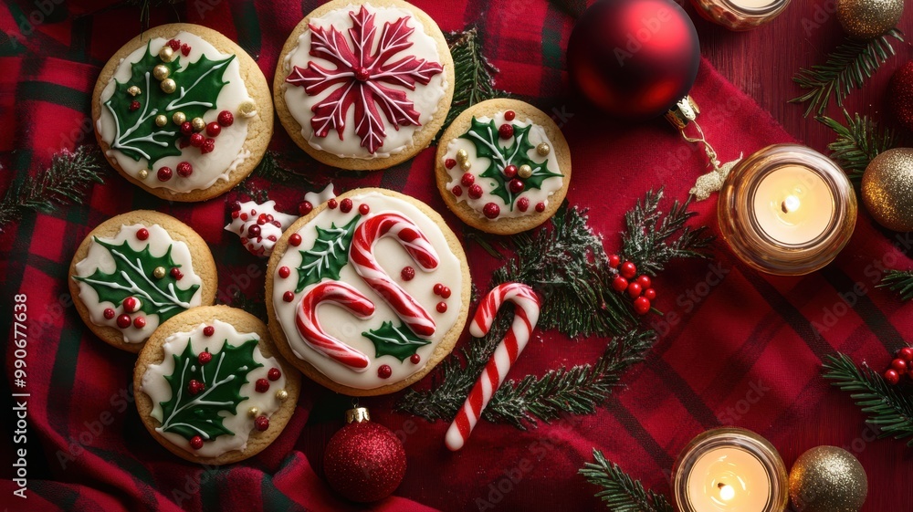 Classic Christmas cookies in red and green with intricate designs, set against a plaid backdrop with warm festive lighting. Christmas cookies Classic Christmas cookies in red and green with intricate designs, set against a plaid backdrop with warm festive lighting. Christmas cookies