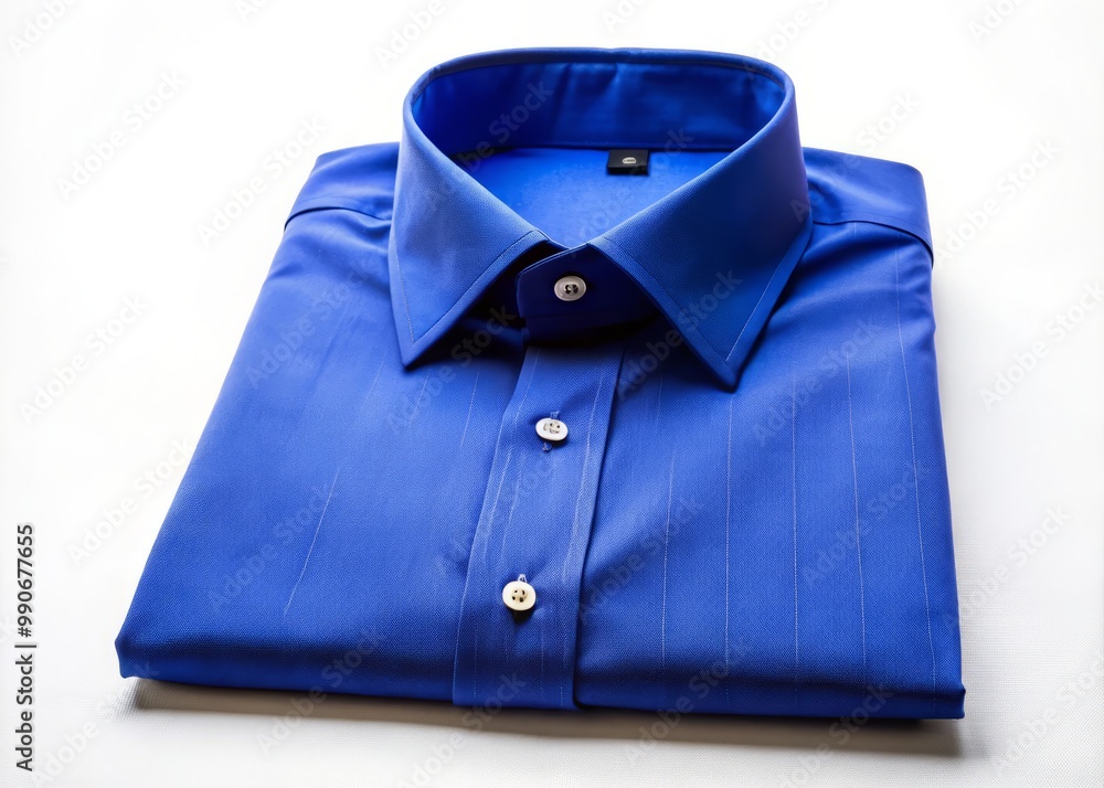 A royal blue button-down shirt, adorned with a soft wrinkle near the collar, sits proudly on a pure A royal blue button-down shirt, adorned with a soft wrinkle near the collar, sits proudly on a pure