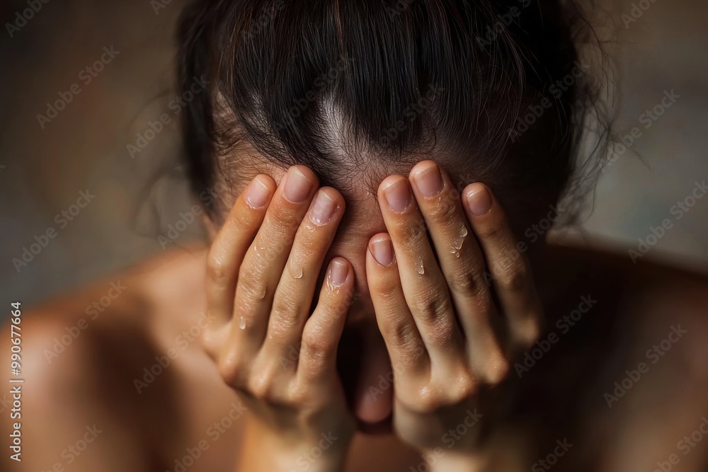 A close-up of a persons hands tightly gripping her face A close-up of a persons hands tightly gripping her face