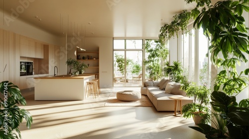 Bright and airy living room with large windows, indoor plants, and a modern kitchen during the day