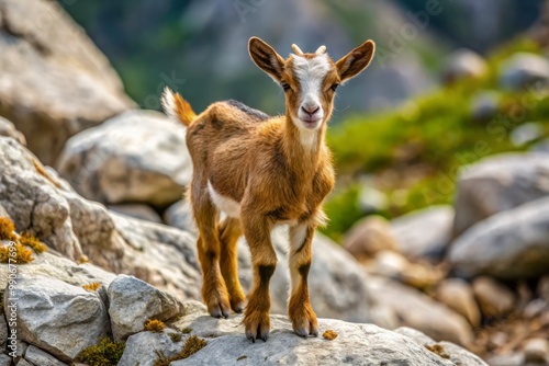 A rugged, mountainous landscape stretches out behind a brown and white goat kid, which stands tall, its eyes