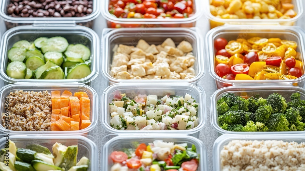 Organized meal prep containers filled with fresh and healthy food choices in a clean and vibrant setting Organized meal prep containers filled with fresh and healthy food choices in a clean and vibrant setting