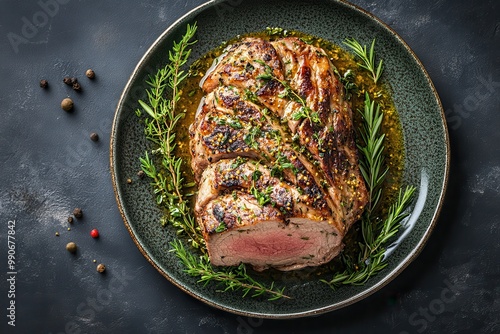 Herbed Greek lamb roast in gravy on a contemporary plate top view with space for text photo