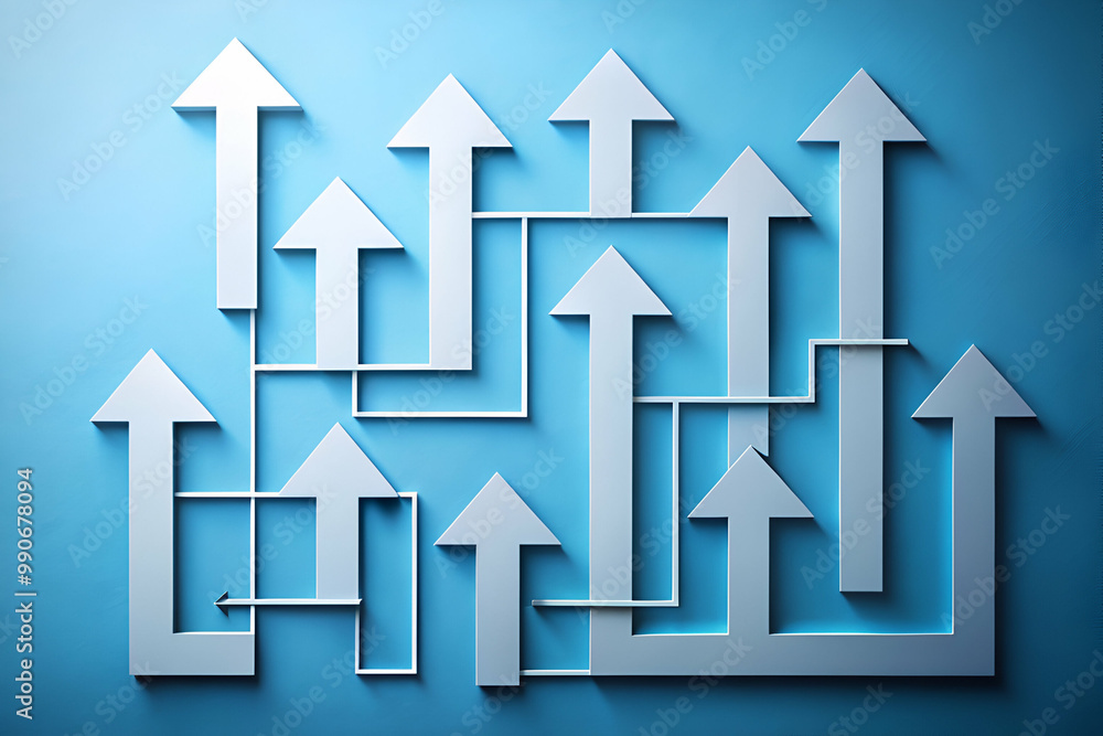 A blue background with a white arrow pointing to the right. There are many arrows pointing in different directions A blue background with a white arrow pointing to the right. There are many arrows pointing in different directions
