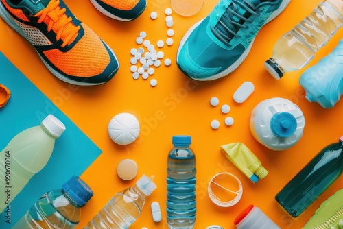 Sport shoes and fitness accessories on a vibrant orange background flat lay photo