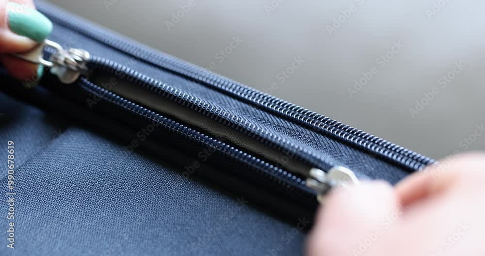 Women's hands open the lock on a zipper on a blue fabric, close-up. Repair of clothes, metal sewing accessories Women's hands open the lock on a zipper on a blue fabric, close-up. Repair of clothes, metal sewing accessories