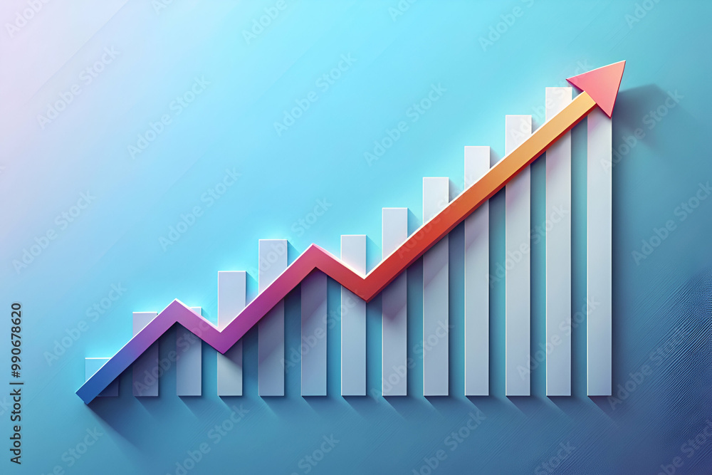A graph with a red arrow pointing upwards. The graph is made up of white and red bars A graph with a red arrow pointing upwards. The graph is made up of white and red bars