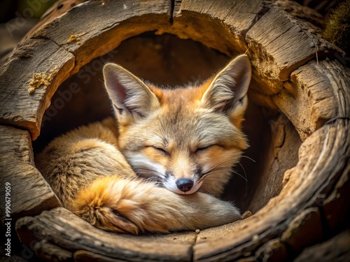 A sleepy bear snuggles into its den, its fur fluffed up against the chill of the autumn air, photo