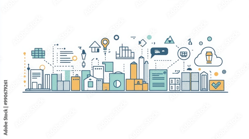 Obraz premium Modern city skyline illustration featuring buildings, clouds, and technology icons in a vibrant design