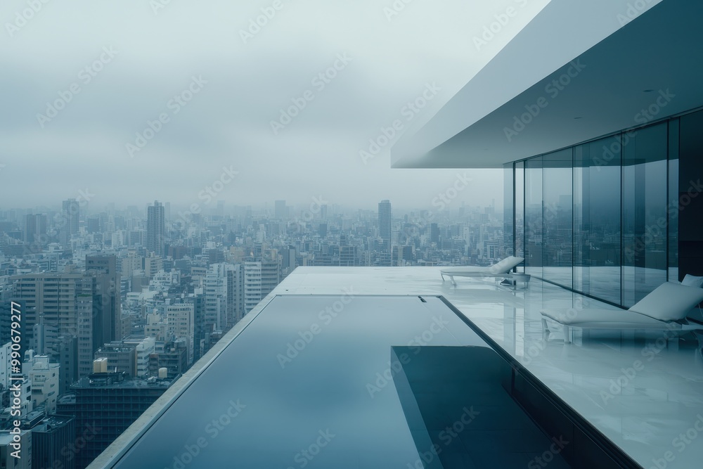 Fototapeta premium Infinity pool on top of skyscraper overlooking modern city skyline