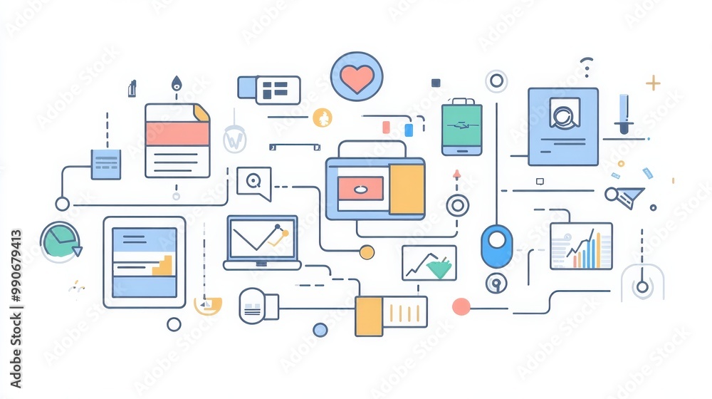 Colorful digital design showcasing various elements of modern technology and data analytics in a creative layout