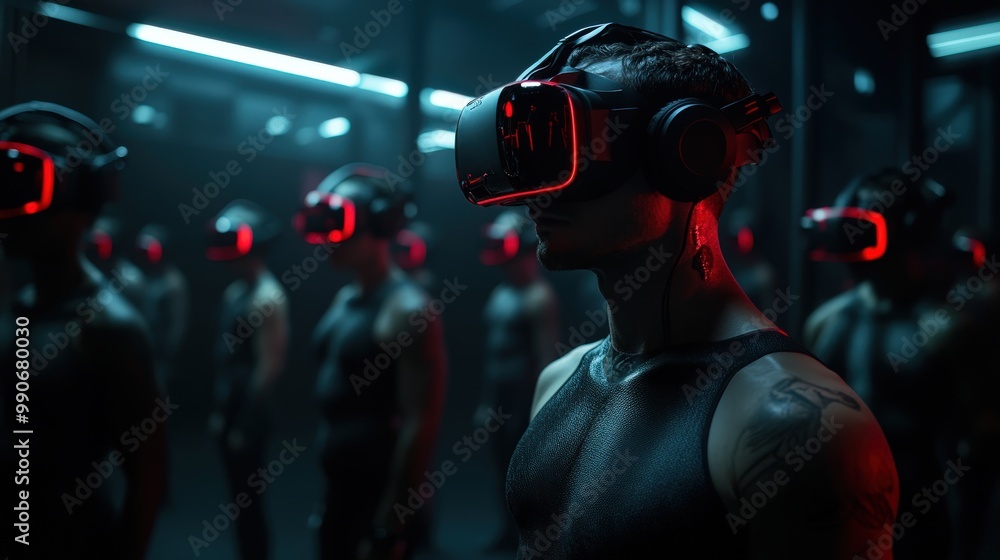 A group of individuals wearing virtual reality headsets in a dimly lit room, creating an immersive digital experience highlighted by red accents and futuristic tones. A group of individuals wearing virtual reality headsets in a dimly lit room, creating an immersive digital experience highlighted by red accents and futuristic tones.