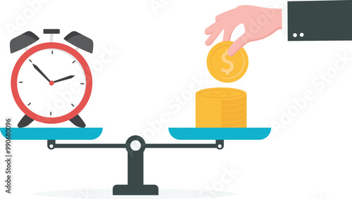 Money and time balance on scale. Financial investments, revenue increase, budget management, savings account

