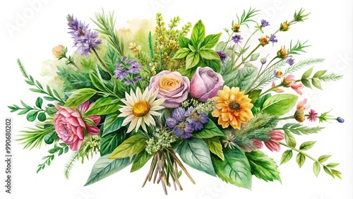 Watercolor painting of bouquet with pampass and herbs photo