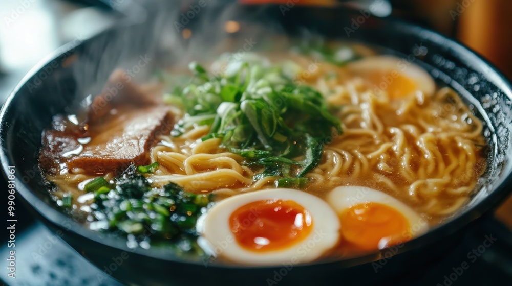 Delicious steaming bowl of ramen with soft-boiled eggs and green onions for a comforting meal in a cozy restaurant setting Delicious steaming bowl of ramen with soft-boiled eggs and green onions for a comforting meal in a cozy restaurant setting
