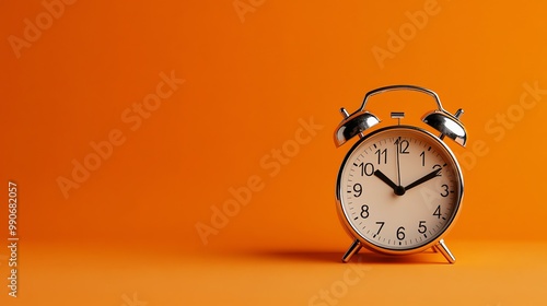 An alarm clock with a blue face on an orange background.