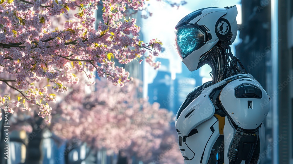A white robotic figure stands in a city with a blurred background of cherry blossoms in bloom. A white robotic figure stands in a city with a blurred background of cherry blossoms in bloom.