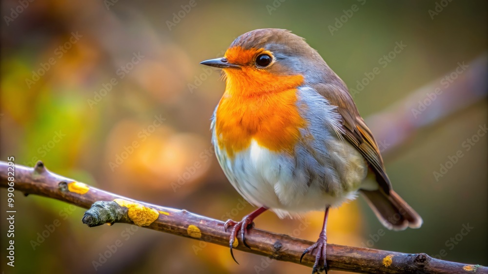 Fototapeta premium A tiny bird with fluffy feathers, inquisitive eyes, and a vibrant orange beak settled precariously on a branch,