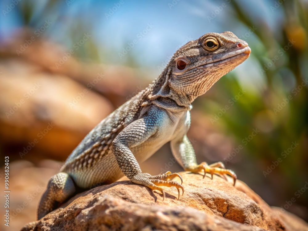 Fototapeta premium A tiny gem, the sagebrush lizard perches on a rocky outcropping, its vibrant green and brown skin glowing