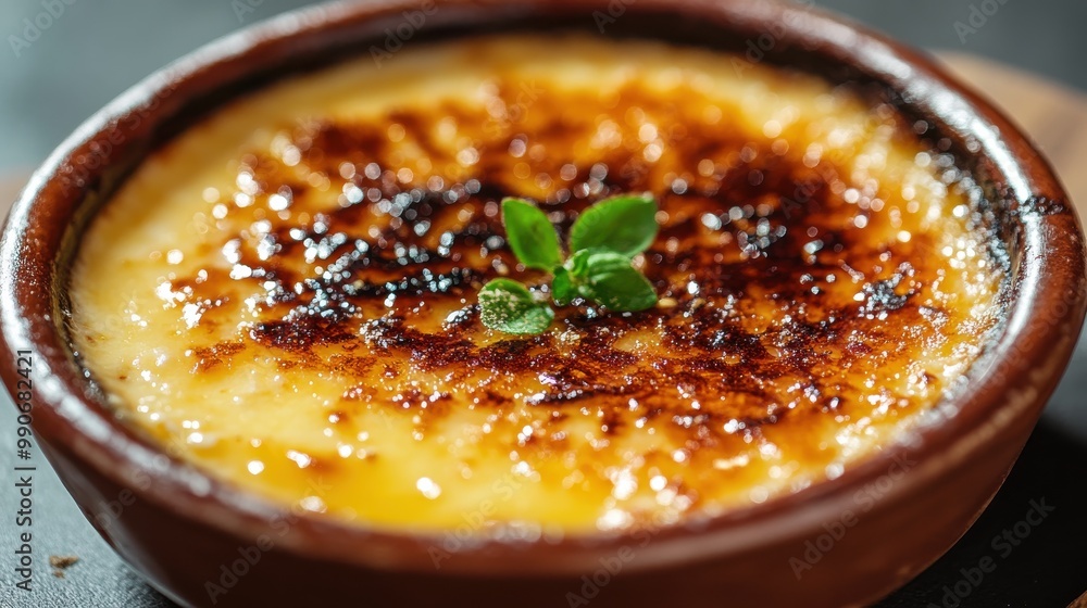 Creamy vanilla custard dessert with caramelized sugar topping served in a traditional brown dish Creamy vanilla custard dessert with caramelized sugar topping served in a traditional brown dish