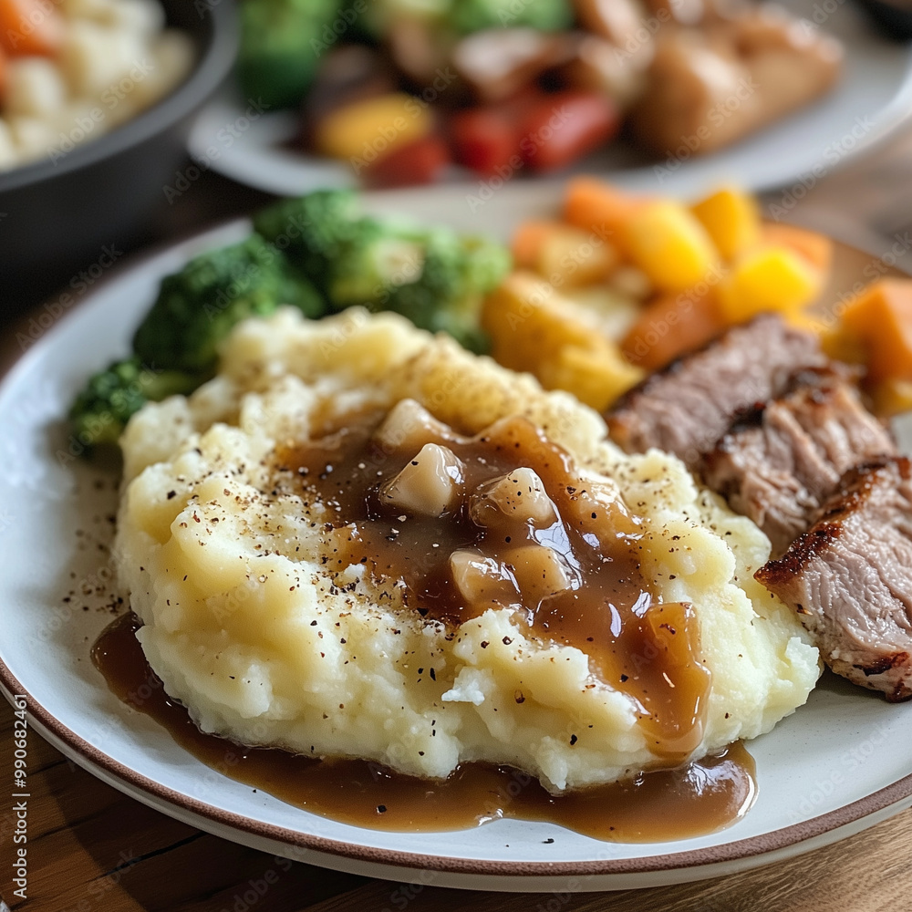 Mashed potatoes with gravy served with roast beef and vegetables, hearty holiday meal Mashed potatoes with gravy served with roast beef and vegetables, hearty holiday meal