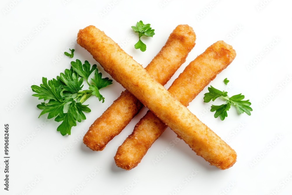 Parsley coated fish stick on a white background Overhead view Parsley coated fish stick on a white background Overhead view