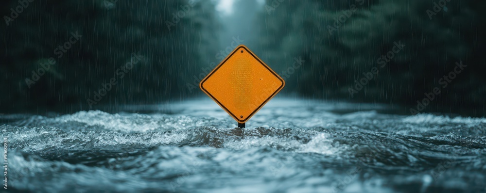 Heavy Rainfall Sign Ilustração do Stock: A warning sign stands submerged in a flooded river ...