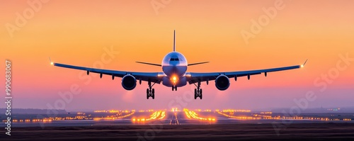 A stunning airplane landing during a vibrant sunset, illuminating the runway with warm colors and creating a breathtaking view.