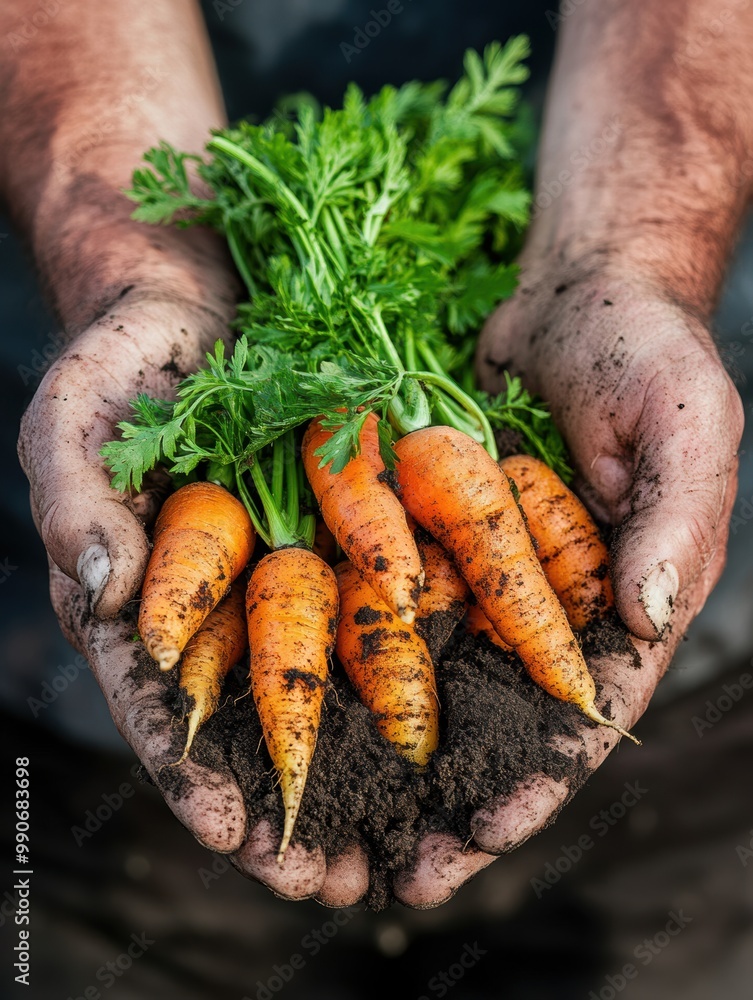 Freshly harvested carrots with vibrant green tops, held in dirty hands, showcasing the connection between farming and nature. Freshly harvested carrots with vibrant green tops, held in dirty hands, showcasing the connection between farming and nature.