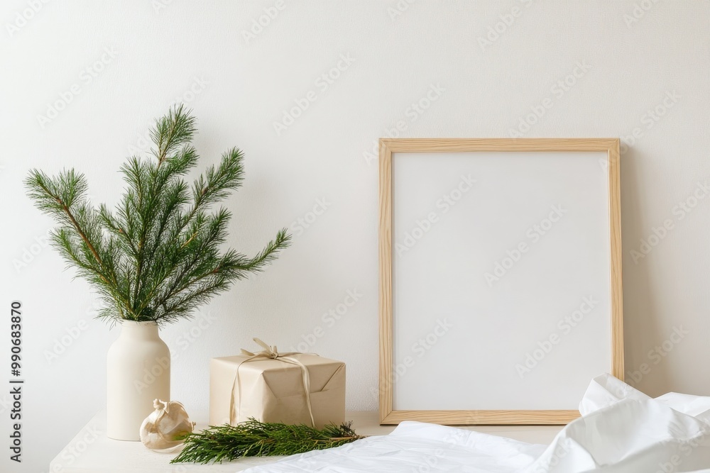 Minimalist Interior with Blank Frame and Holiday Wrapping Paper Mockup Minimalist Interior with Blank Frame and Holiday Wrapping Paper Mockup