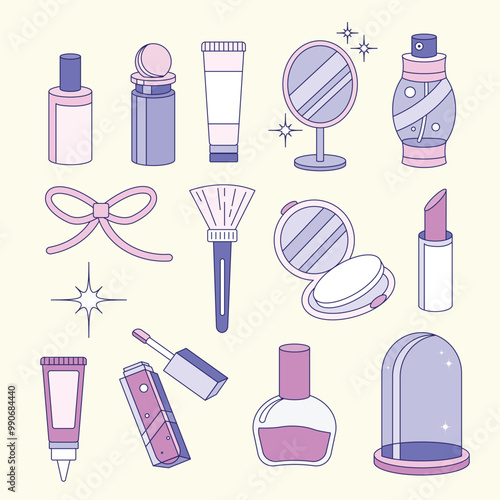 Vector female style makeup collection Make up element. Beauty cosmetic design product for lip, face and nail aesthetic color doodle style