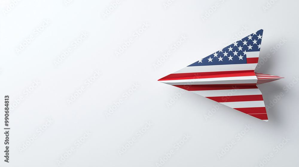American Dream: A paper airplane, folded in the shape of the American flag, takes flight on a white background. It symbolizes hope, freedom, and the pursuit of dreams. American Dream: A paper airplane, folded in the shape of the American flag, takes flight on a white background. It symbolizes hope, freedom, and the pursuit of dreams.