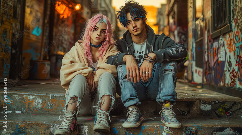 Emo-punk couple sitting on the steps of an old building Emo-punk couple sitting on the steps of an old building