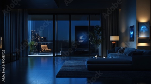 A modern, stylish living room with large windows displaying a beautiful night cityscape. The room is decorated in dark, sleek furniture with ambient lighting.