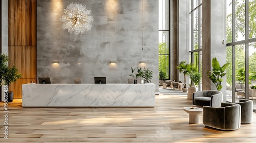 A luxurious hotel lobby with a minimalist yet elegant design, featuring a marble reception desk, modern velvet armchairs, a grand chandelier, and polished wood floors,