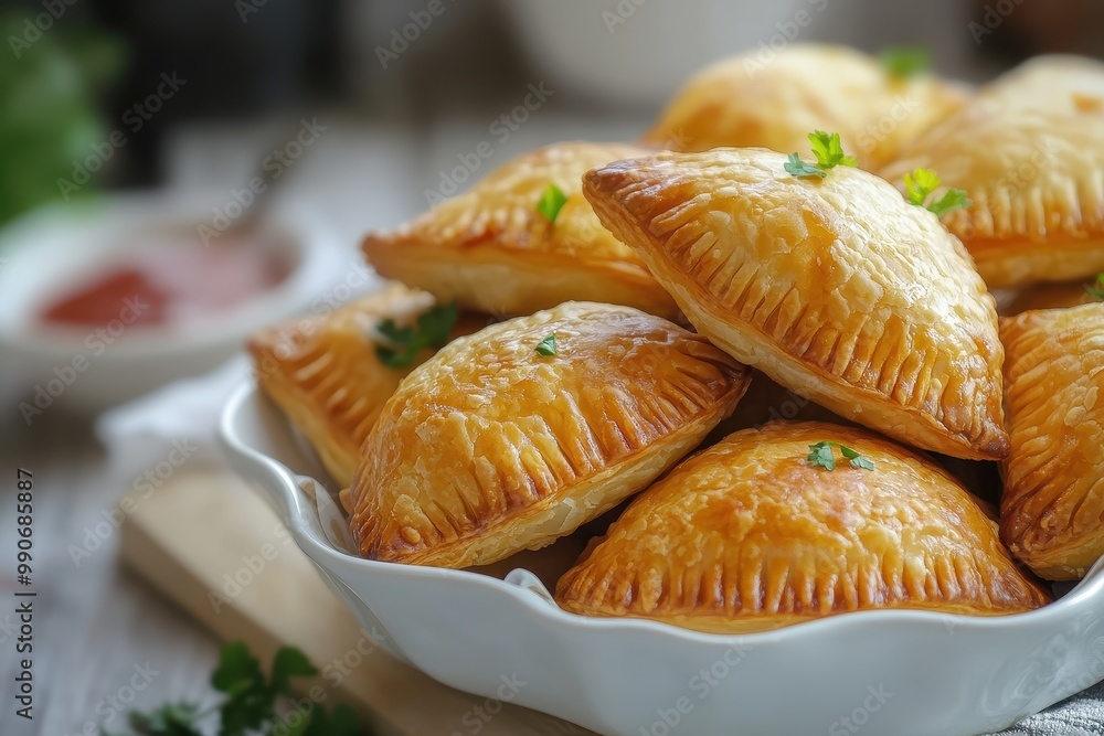 Pink chicken curry puff in a white dish Freshly fried pastry snack filled with meat potatoes and curry Asian flaky style Thai Karipap Pusing Pink chicken curry puff in a white dish Freshly fried pastry snack filled with meat potatoes and curry Asian flaky style Thai Karipap Pusing