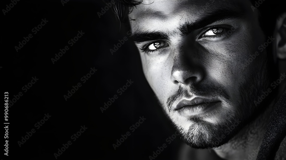 Young man's portrait. Fine art close-up black and white portrait of beautiful young man's face against black background. handsome white young adult man portrait. a young man's face standing out from a Young man's portrait. Fine art close-up black and white portrait of beautiful young man's face against black background. handsome white young adult man portrait. a young man's face standing out from a