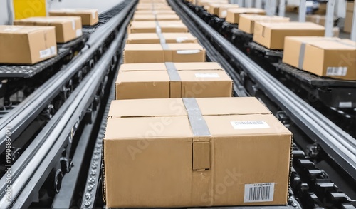 Cardboard boxes on conveyor belt in warehouse. Automatic production line