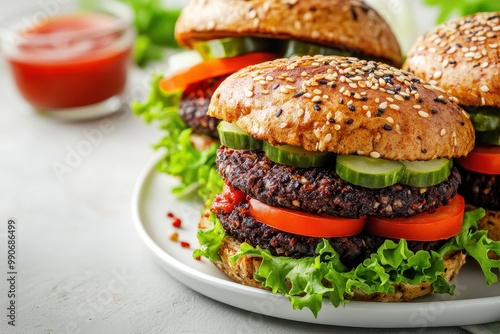 Plant based black bean patties with veggies and sauce on a white plate empty space Nutritious vegan meal idea photo