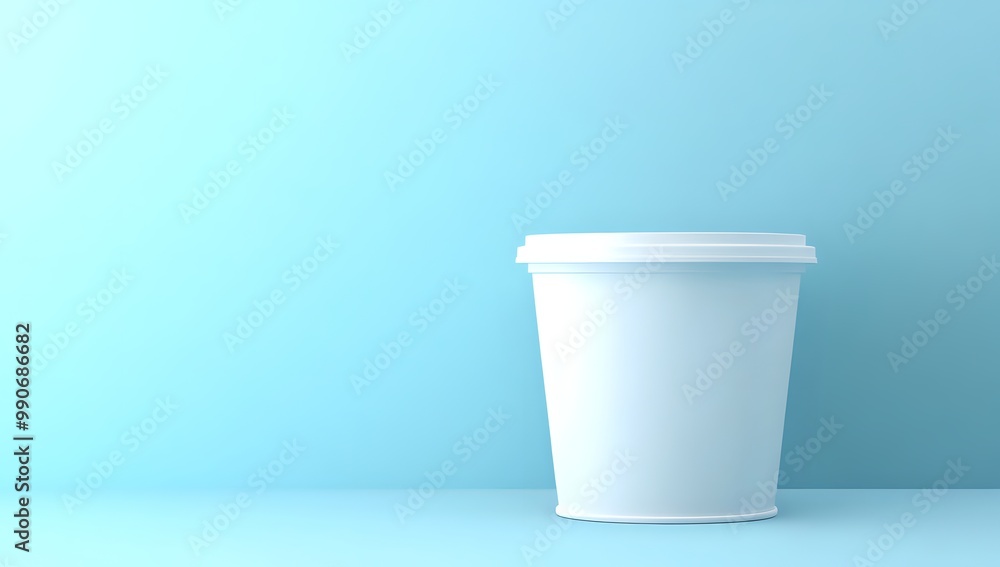 A single white disposable coffee cup on a blue background. A single white disposable coffee cup on a blue background.
