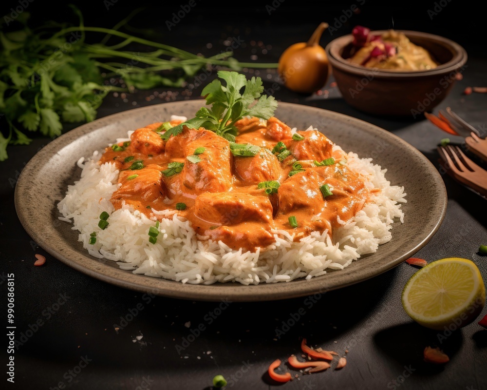 Chicken tikka masala with rice, a popular Indian dish, perfect for menus, recipe blogs, food related websites, and cultural presentations. Generative AI Chicken tikka masala with rice, a popular Indian dish, perfect for menus, recipe blogs, food related websites, and cultural presentations. Generative AI