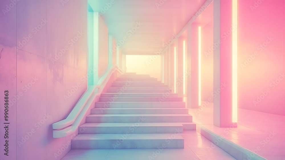 3D Illustration of Stairs with Pink and Blue Neon Lights 3D Illustration of Stairs with Pink and Blue Neon Lights